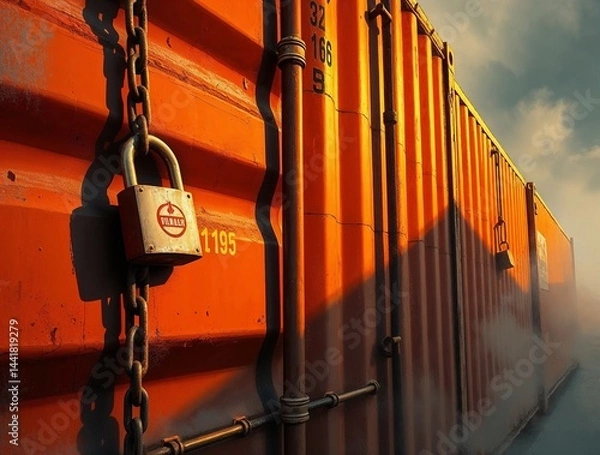 Fototapeta Locked orange shipping container with heavy chains and padlock in dramatic sunset light