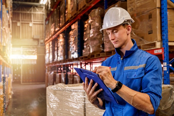 Obraz A warehouse worker doing inventory inspection on a clipboard in a storage warehouse.