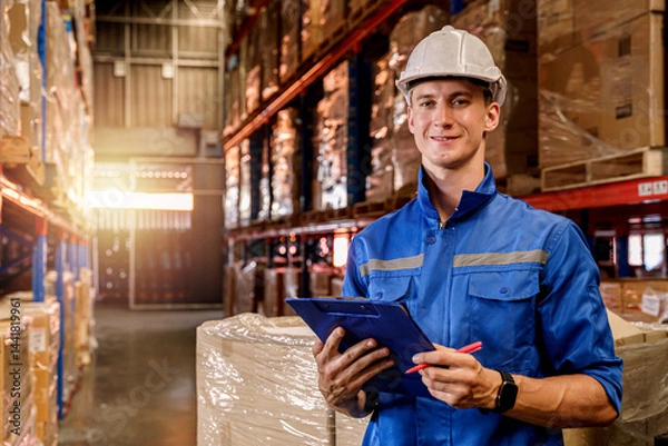 Obraz A warehouse worker doing inventory inspection on a clipboard in a storage warehouse.