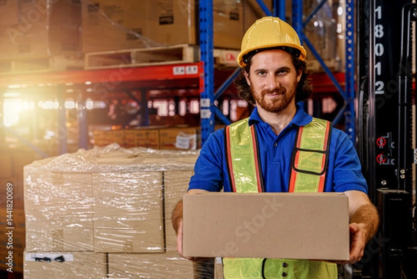 Obraz A confident warehouse worker holding a cardboard box in a storage warehouse. 