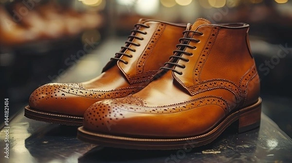 Fototapeta Beautiful leather shoes with intricate details displayed elegantly in a shop