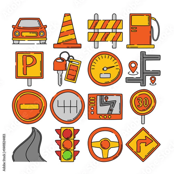 Fototapeta On The Way Handdrawn style, colorful icon set of road and driving elements perfect for travel apps maps traffic infographics transport visuals and automotive projects