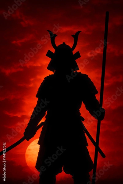 Fototapeta Samurai Silhouette Against a Fiery Sky: A dramatic silhouette of a samurai warrior, clad in traditional armor and wielding a katana and spear.