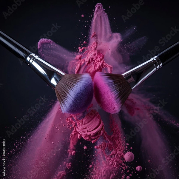 Fototapeta Dynamic Collision of Makeup Brushes with Pink Powder Explosion on Black Background