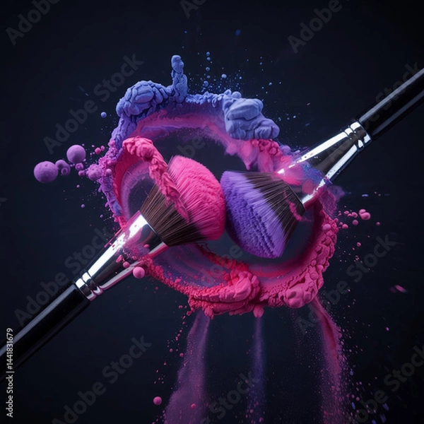 Obraz Dynamic Collision of Makeup Brushes with Pink Powder Explosion on Black Background
