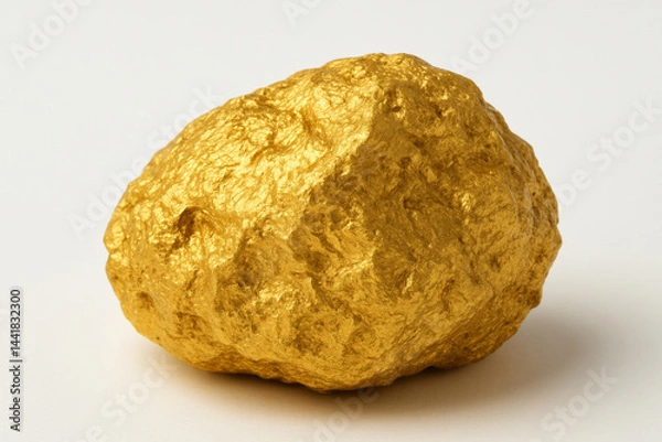 Fototapeta Golden Treasure: A close-up studio shot features a raw, glistening gold nugget, radiating opulence, wealth, and the allure of discovery. The textured surface of the nugget captures light.