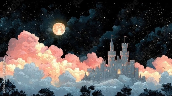 Obraz A beautiful illuminated castle floats serenely among pink fluffy clouds