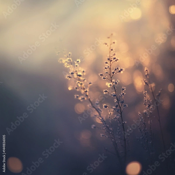 Obraz Dreamy Golden Bokeh in Nature – Soft Focus on Wild Grass and Sunlight Flare in Serene Outdoor Scene