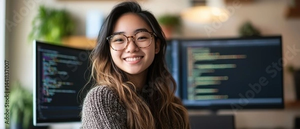 Fototapeta Young woman smiling at computer desk with programming code on screens in modern office, showcasing remote work, technology, and workspace culture.