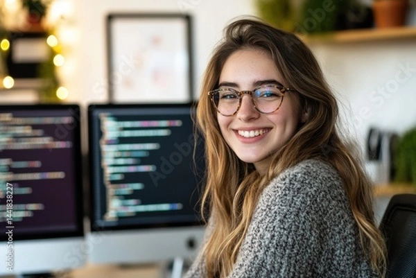 Fototapeta Young woman programmer smiling and working on computer at modern office desk with coding on screen, tech startup atmosphere, creativity and innovation.