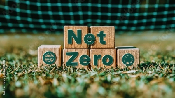 Fototapeta Wooden blocks spelling out net zero environmental goals.
