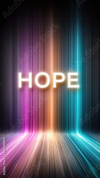 Fototapeta The word "HOPE" glows in bold white letters over vibrant vertical light streaks in purple, orange, and blue, creating an uplifting and futuristic atmosphere