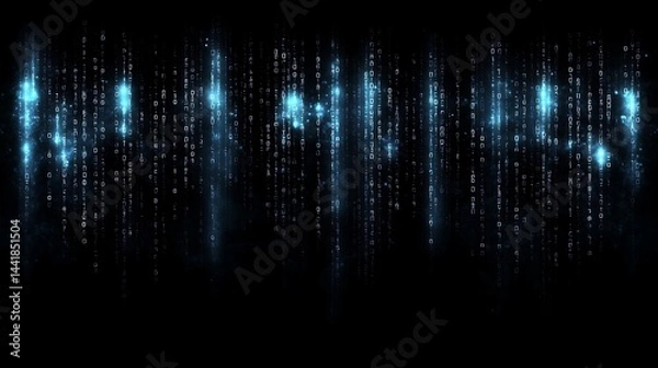 Obraz Digital Matrix Stream in Blue on Black Background with Binary Codes