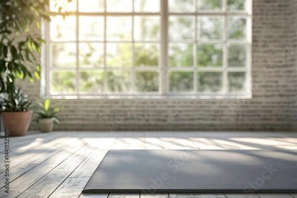 Fototapeta Yoga Mat in Bright Room with Plants and Window