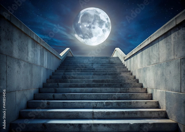 Fototapeta Stone Stairs Leading Upward Under a Full Moon at Night. stairway to heaven, stairway to the sky, stairs to the sky.