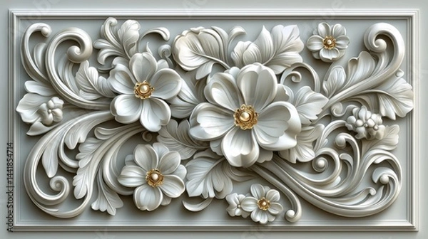 Obraz A delicate white flower adorned with gold accents against an opulent rococo floral wallpaper pattern background