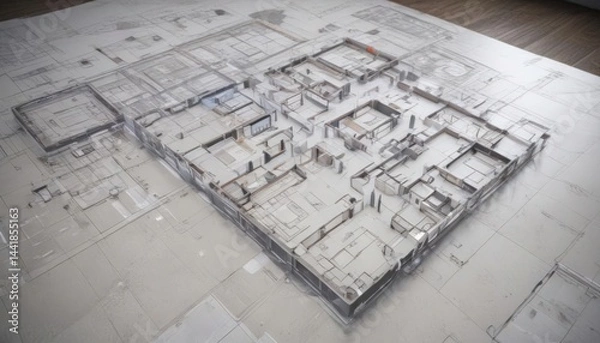 Obraz Blueprint effect overlay on architectural floor plan, digital template , property, project, interior