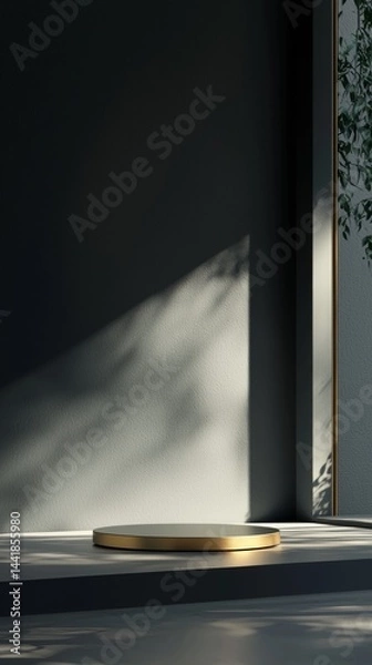 Fototapeta Modern indoor space featuring a circular pedestal with natural light and shadows.