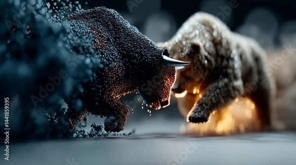 Fototapeta Dynamic 3D rendering of a stylized bull and bear colliding in a powerful head-to-head confrontation made of particles, symbolizing stock market conflict