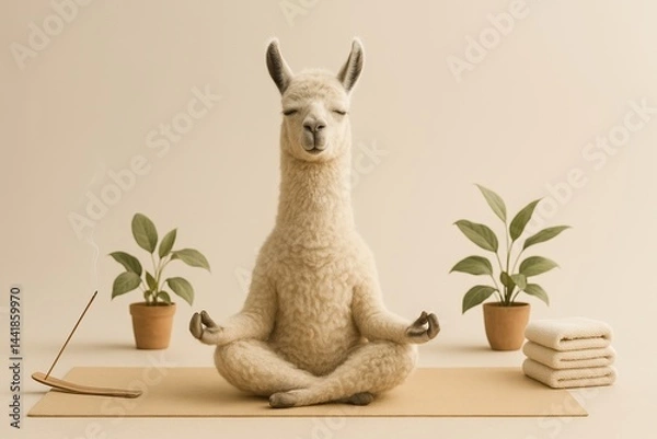 Fototapeta A calm llama sits cross-legged in a serene yoga position on a mat between green potted plants, incense burning nearby, visualizing peace, mindfulness and humorous inner balance in a wellness-themed 
