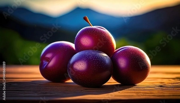 Obraz Four fresh plums with water droplets resting on a wooden surface at sunset in a mountainous region