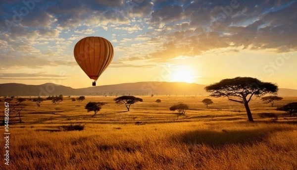 Obraz Hot air balloon floating over an African savanna at sunrise with scattered trees