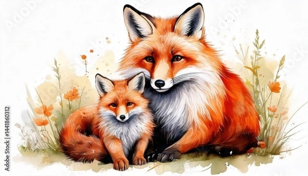 Obraz Illustration of a mother fox and her cub sitting together in a field of wildflowers on a bright spring day