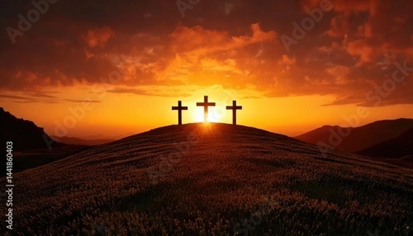 Obraz Three crosses silhouetted against a dramatic sunset sky on a hilltop representing Easter traditions during spring