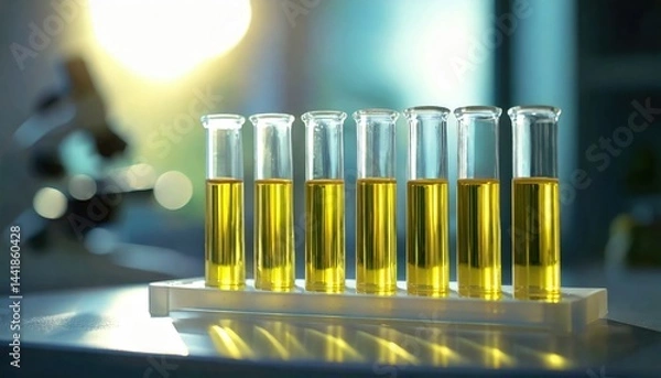 Obraz Seven test tubes filled with yellow liquid lined up in a laboratory with sunlight shining through the window