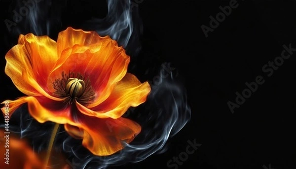 Obraz A vivid red poppy flower in close-up against a dark black background, symbolizing Remembrance Day with subtle smoke-like effects