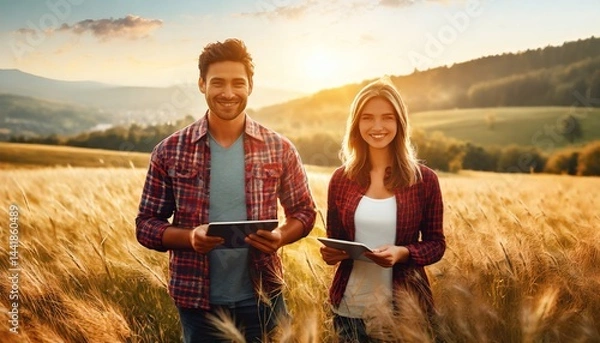 Obraz A smiling couple holding digital tablets stand in a golden field at sunset, collaborating on work outdoors.