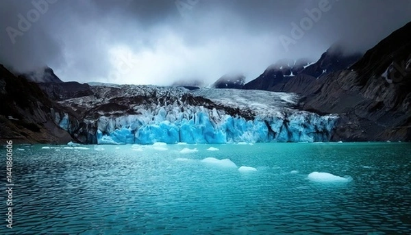 Obraz A stunning glacier descends into a teal lake under a cloudy, dramatic sky in a rugged mountainous landscape.