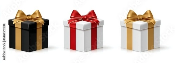 Fototapeta Set of black, white, and red gift boxes with golden ribbon on white background, vector illustration for birthday promotion or presentation design.