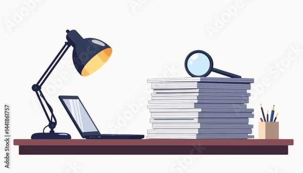 Fototapeta Manager's desk with reports and magnifying glass, professional setup
