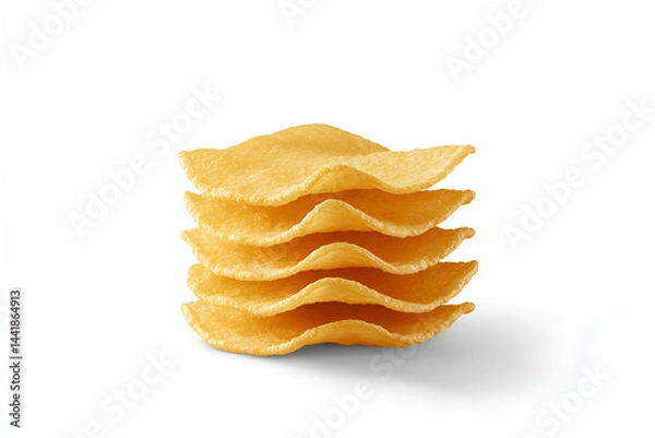 Obraz Delicious crispy potato chips stacked high, perfect for snacking or food photography.  Isolated on white background.