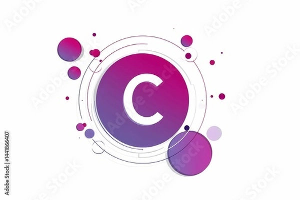 Fototapeta White Letter C Inside Purple Gradient Circle with Lines and Dots on White