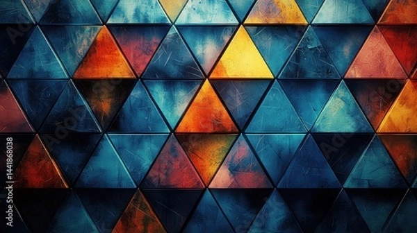 Fototapeta Wall adorned with multiple colorful triangles creating an engaging geometric pattern that reflects contemporary art trends