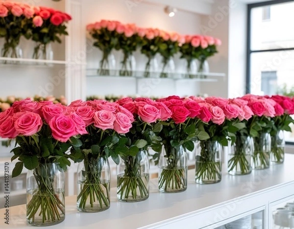 Fototapeta pink roses in glass vases on the shelf and display case of a flower shop.