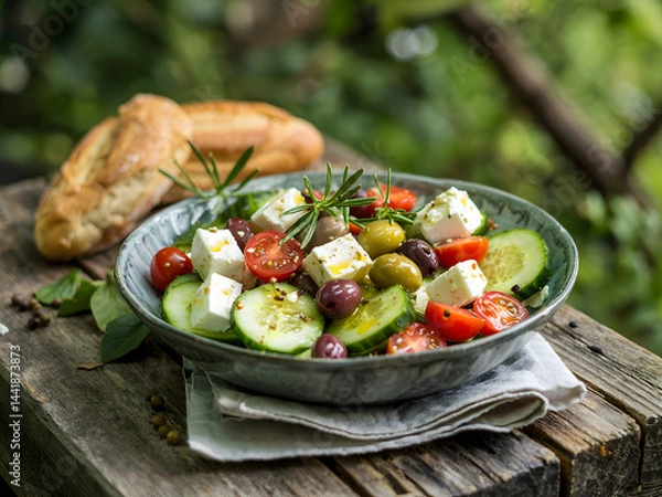 Fototapeta Fresh greek salad with bread served outdoors on rustic wooden table