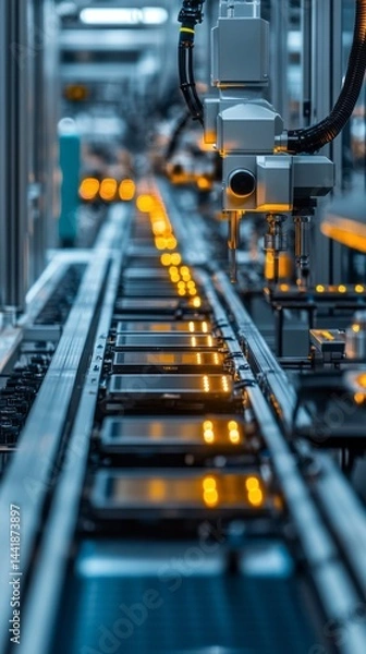 Obraz Automated machinery operates seamlessly along a production line, assembling smartphones with precision and speed in a state-of-the-art factory setting