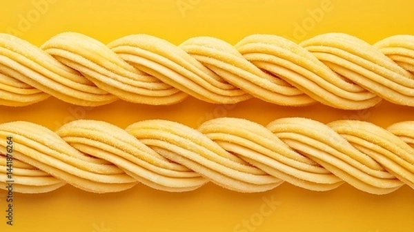 Obraz Two twisted strands of uncooked pasta on a vibrant yellow background.