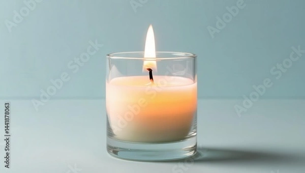 Fototapeta Candle in glass jar with a soft flame on a light background.