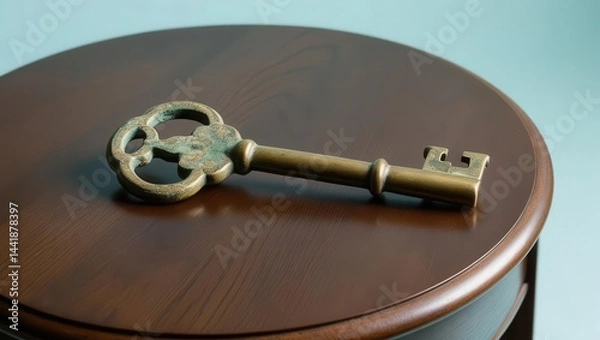 Fototapeta Antique key resting on a wooden table surface.