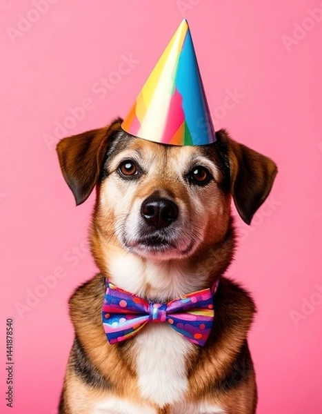 Fototapeta dog in bow tie and party hat. funny card with cute animal.