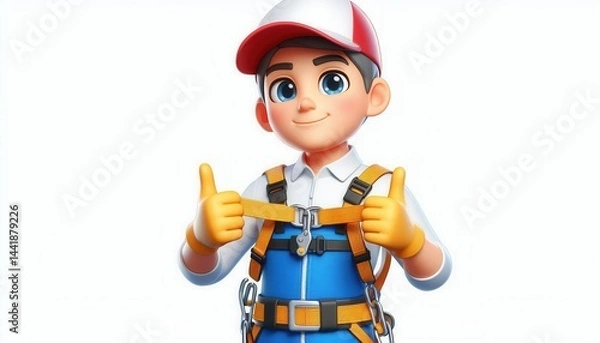 Fototapeta Cheerful animated character with safety gear studio background digital illustration fun concept