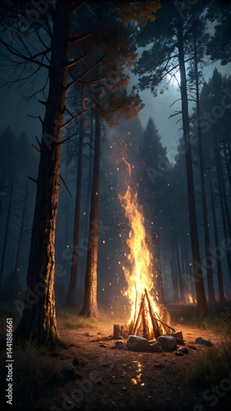 Fototapeta Digital painting of a campfire in the middle of a forest at night. The fire is blazing brightly and casting a warm glow on the surrounding trees.