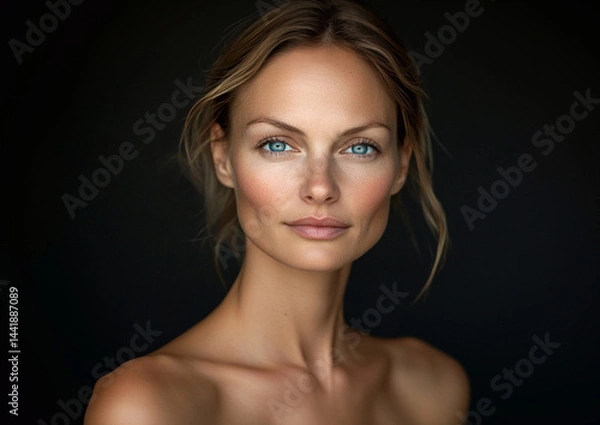 Obraz Middle age nature beautiful woman with natural makeup and hairstyle during studio portrait photoshoot on black background.Macro.AI Generative.