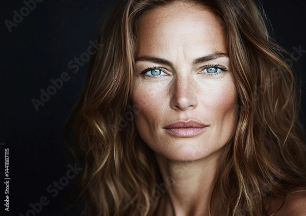 Obraz Middle age nature beautiful woman with natural makeup and hairstyle during studio portrait photoshoot on black background.Macro.AI Generative.