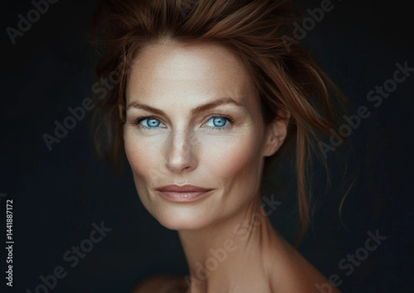 Obraz Middle age nature beautiful woman with natural makeup and hairstyle during studio portrait photoshoot on black background.Macro.AI Generative.