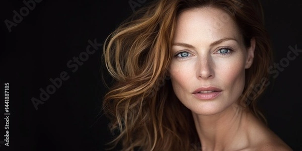 Obraz Beauty photo of natural beauty middle age woman with natural makeup and hairstyle on black background.Macro.AI Generative.